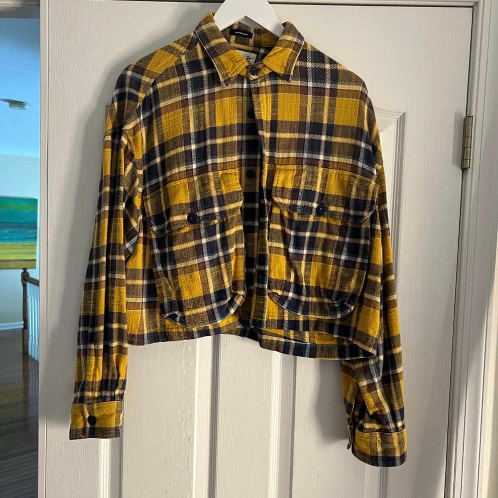 R13 Mustard and Black Plaid Cropped Shirt